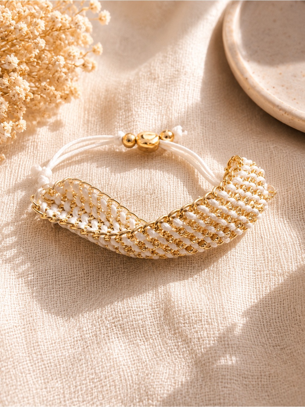 Gold and White Braided Chain Adjustable Bracelet